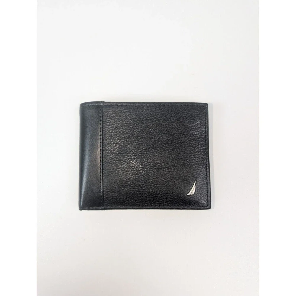 Nautica Black Leather Wallet Bifold ID Window Card Holder Mens